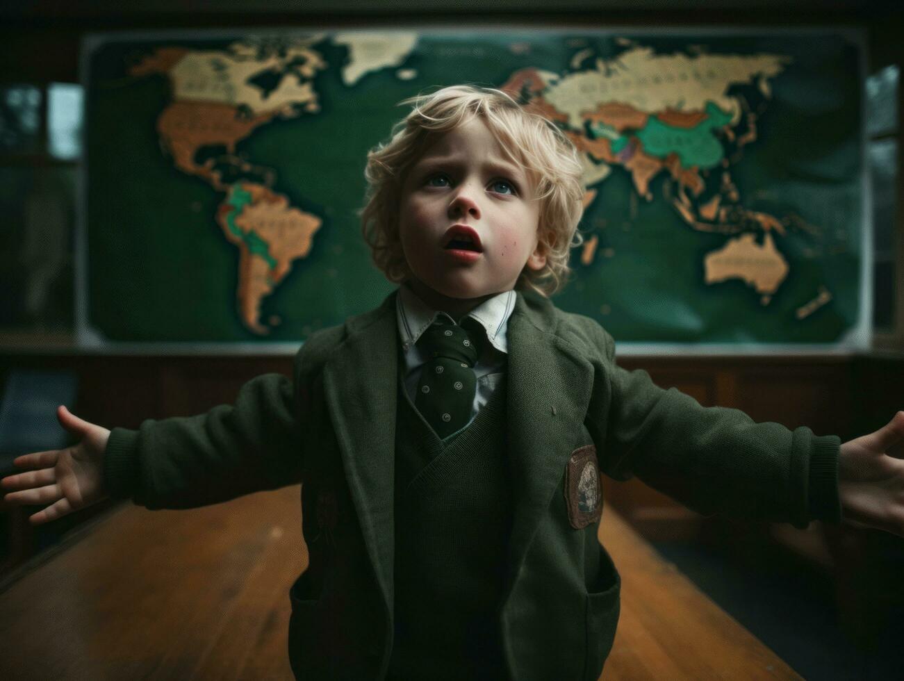 photo of emotional dynamic pose European kid in school AI Generative