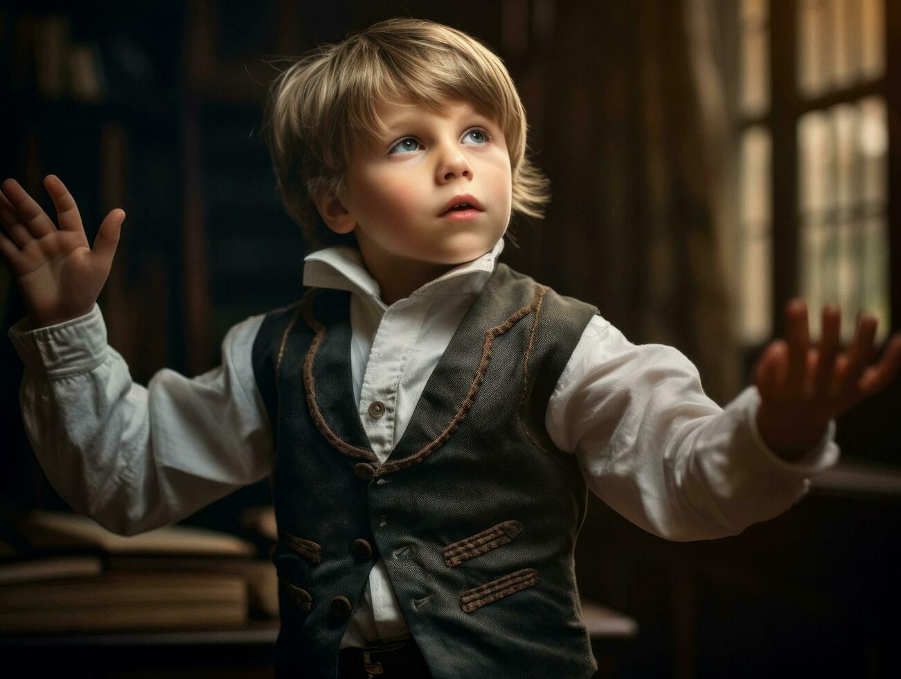 photo of emotional dynamic pose European kid in school AI Generative