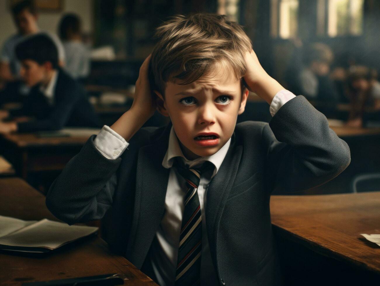 photo of emotional dynamic pose European kid in school AI Generative
