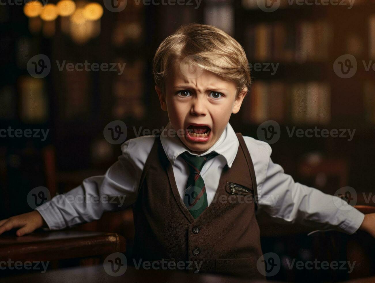 photo of emotional dynamic pose European kid in school AI Generative