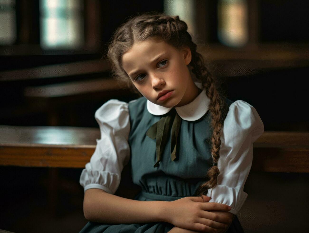 photo of emotional dynamic pose European kid in school AI Generative