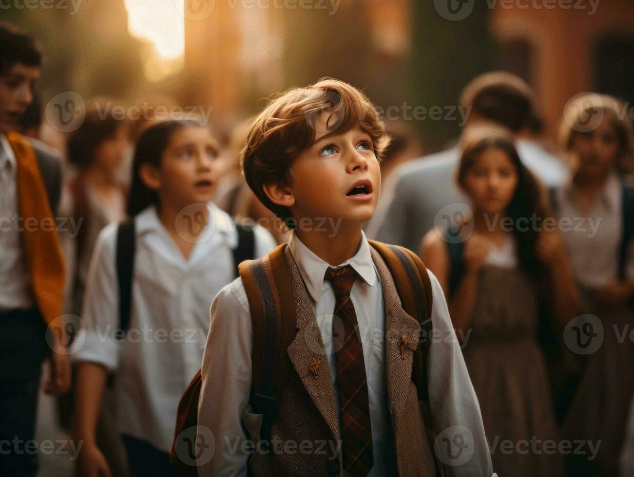 photo of emotional dynamic pose European kid in school AI Generative