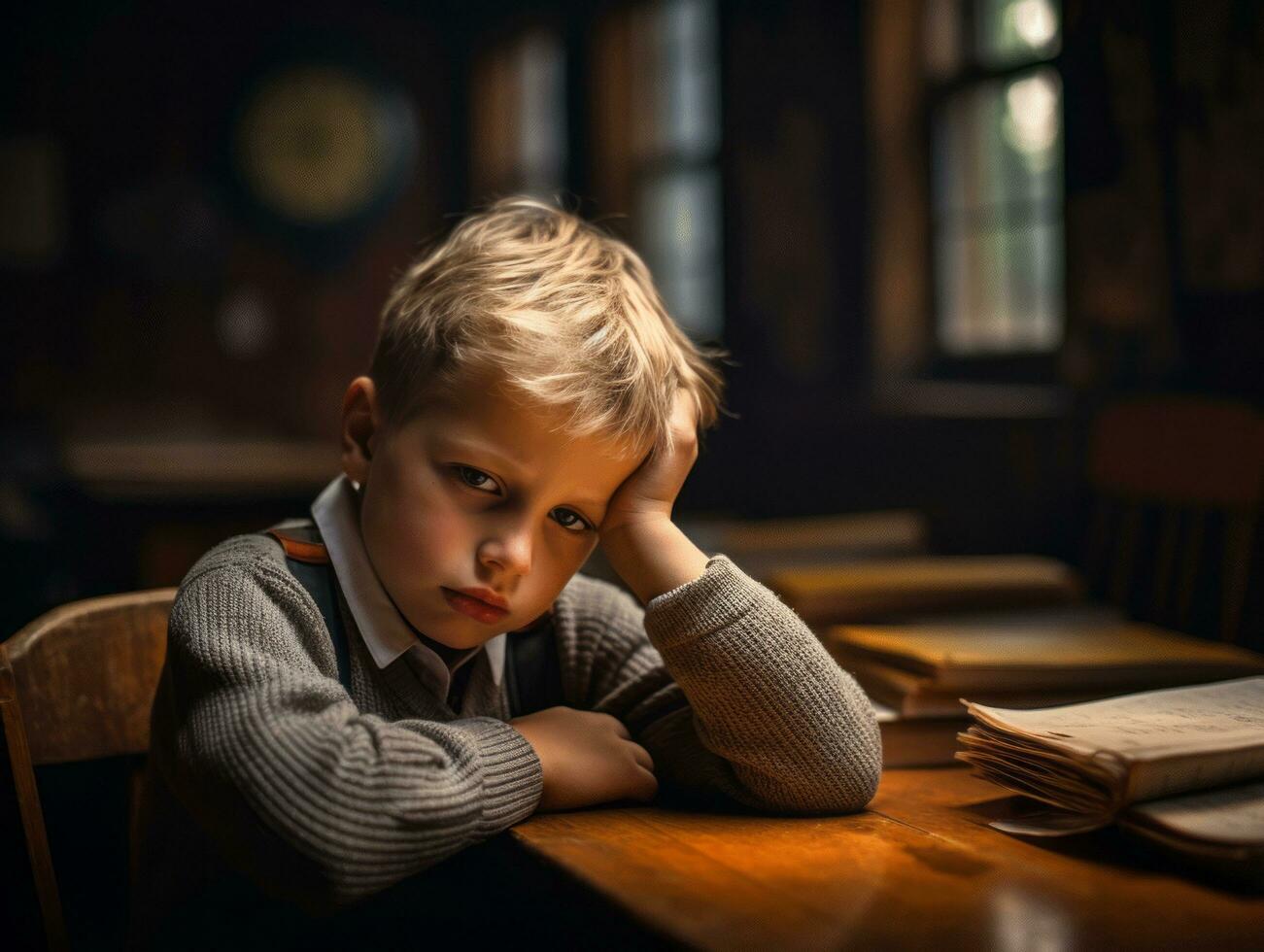 photo of emotional dynamic pose European kid in school AI Generative