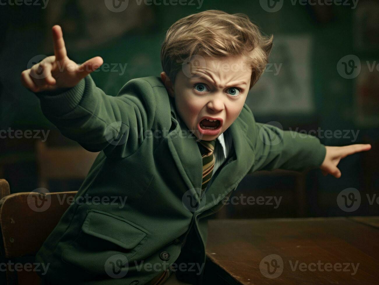 photo of emotional dynamic pose European kid in school AI Generative