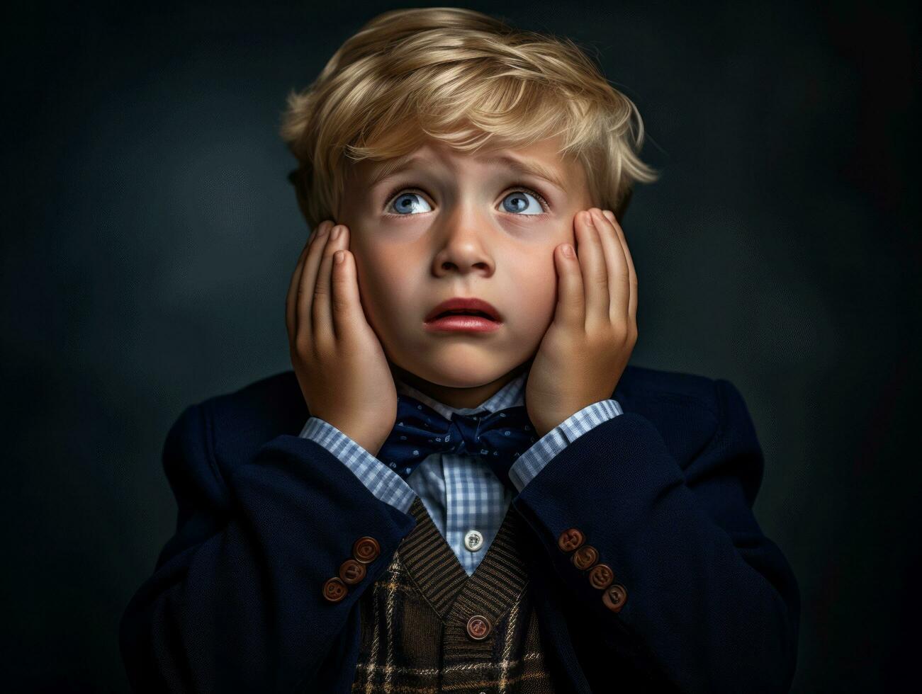 photo of emotional dynamic pose European kid in school AI Generative