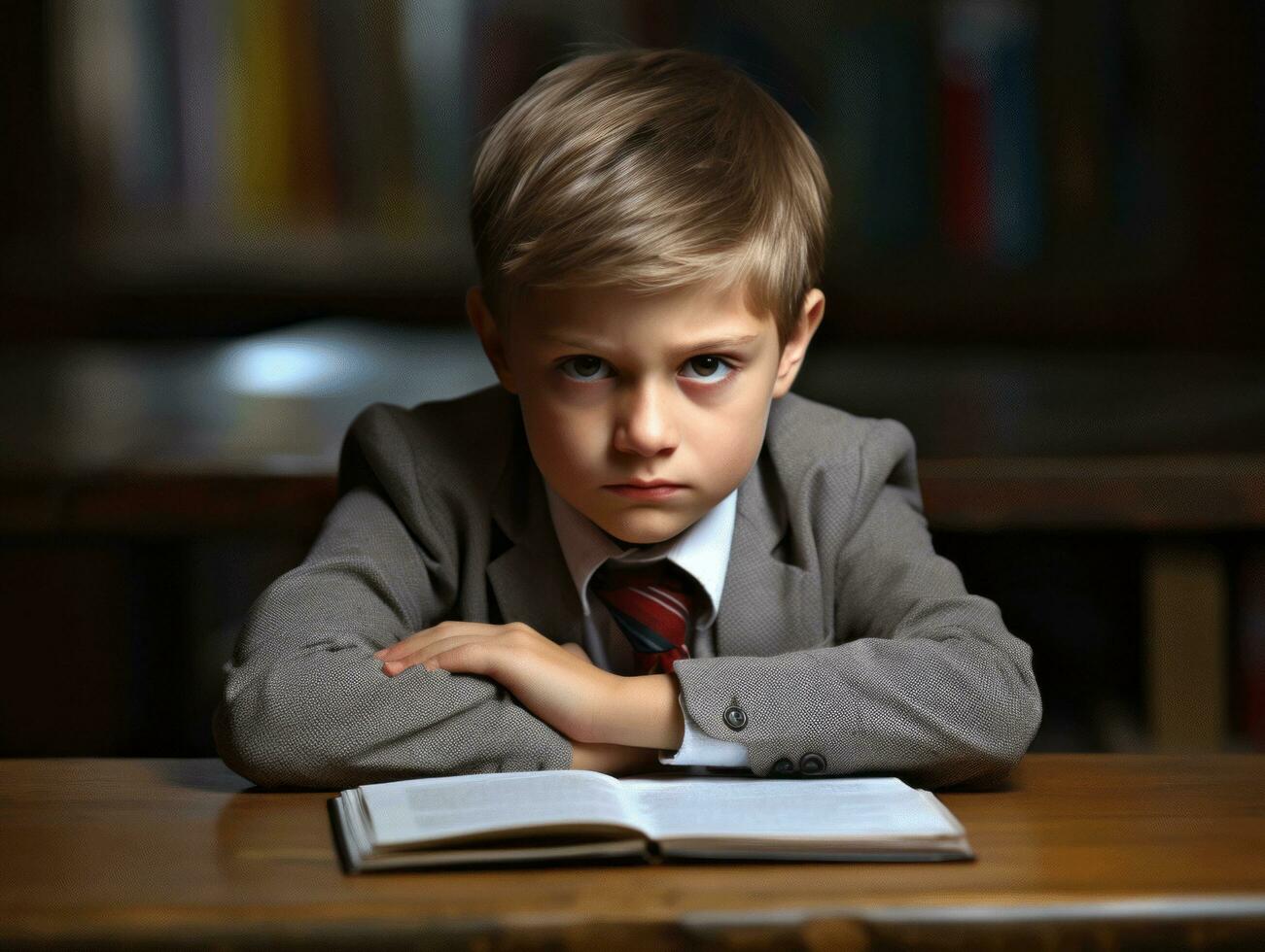 photo of emotional dynamic pose European kid in school AI Generative