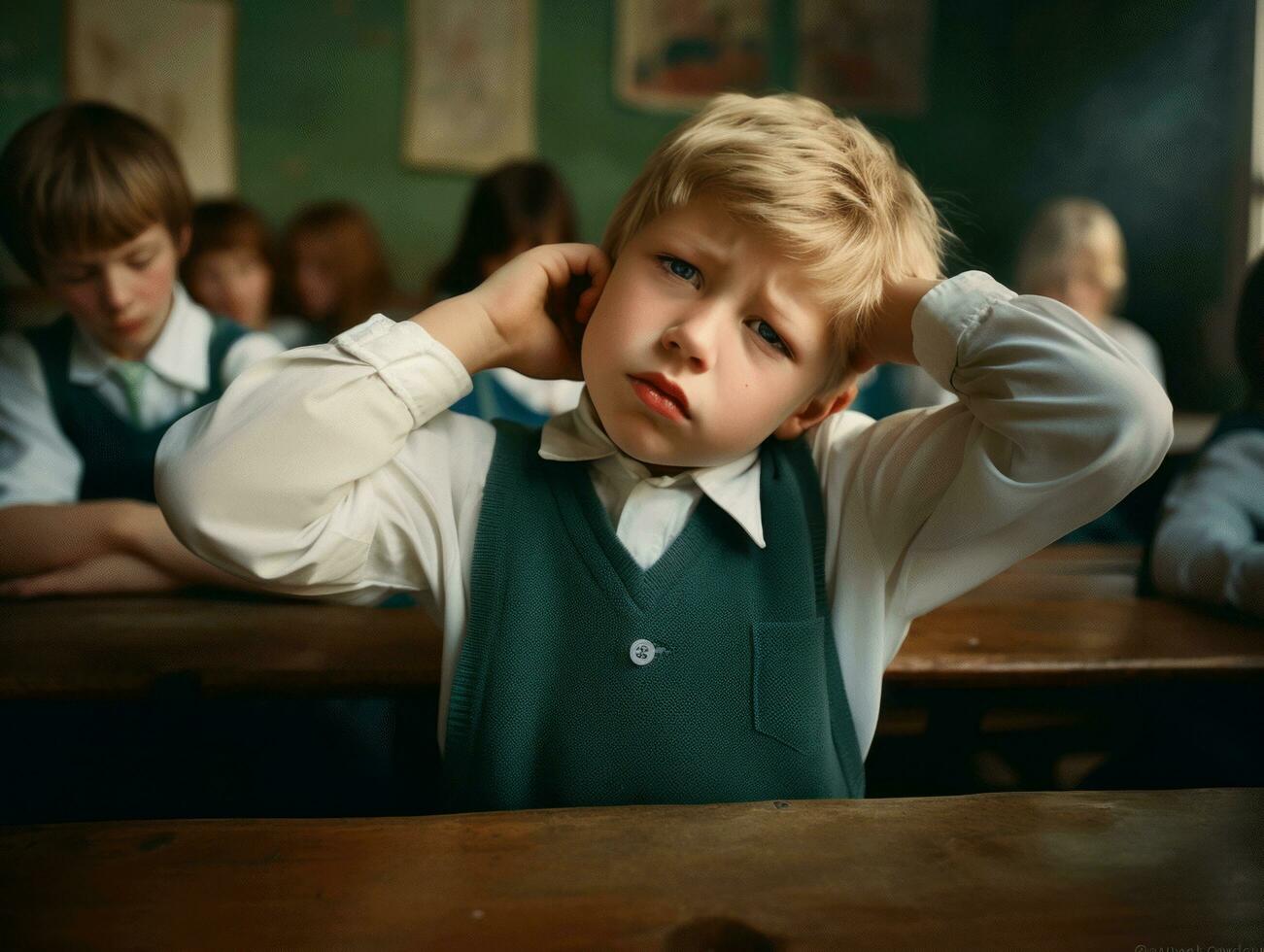 photo of emotional dynamic pose European kid in school AI Generative