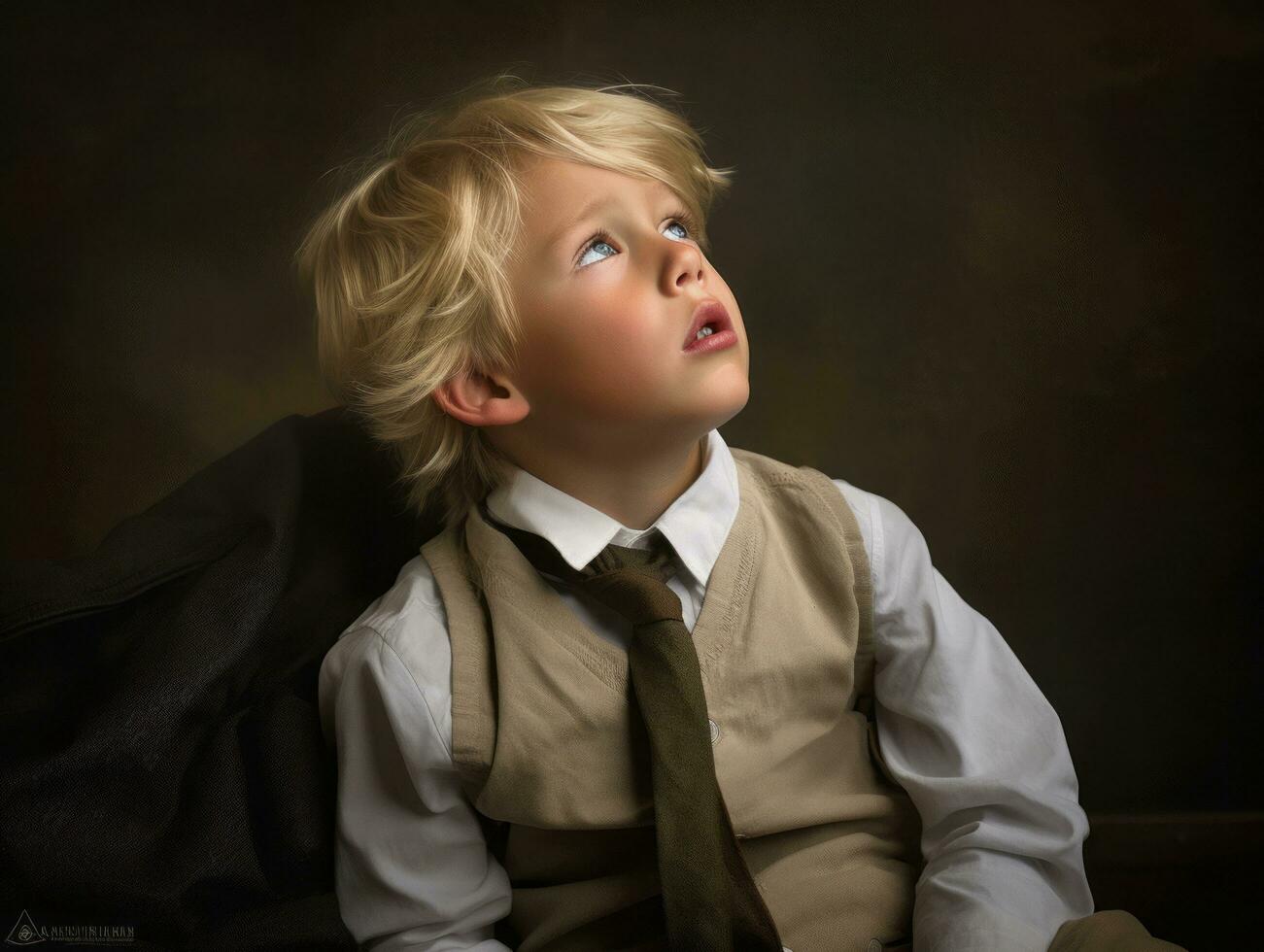 photo of emotional dynamic pose European kid in school AI Generative