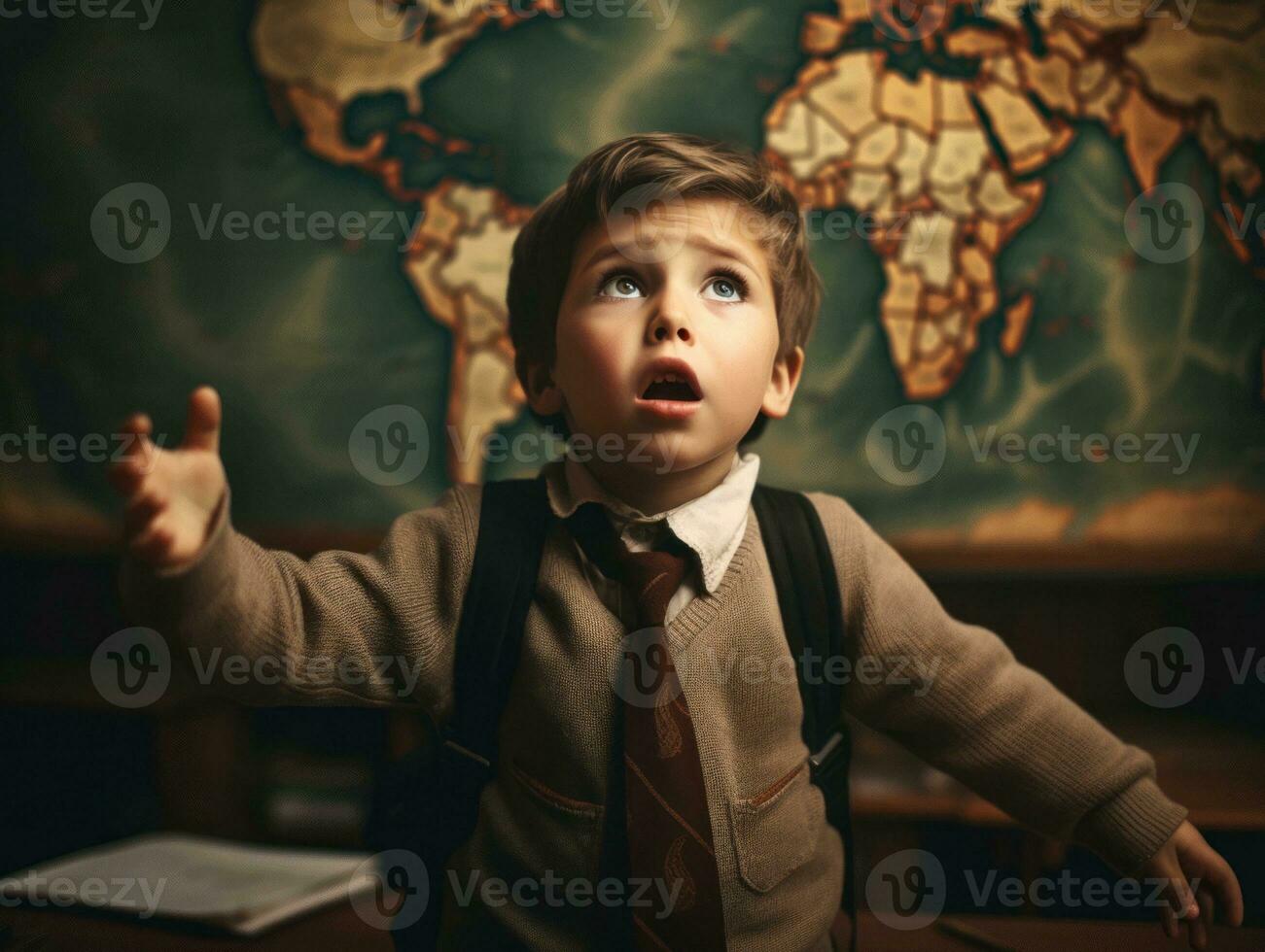 photo of emotional dynamic pose European kid in school AI Generative