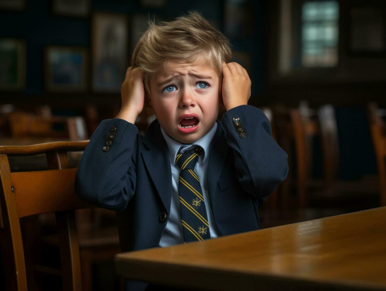 foto de emocional dinámica actitud europeo niño en colegio ai generativo