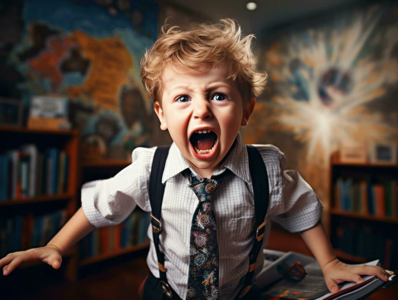 photo of emotional dynamic pose European kid in school AI Generative