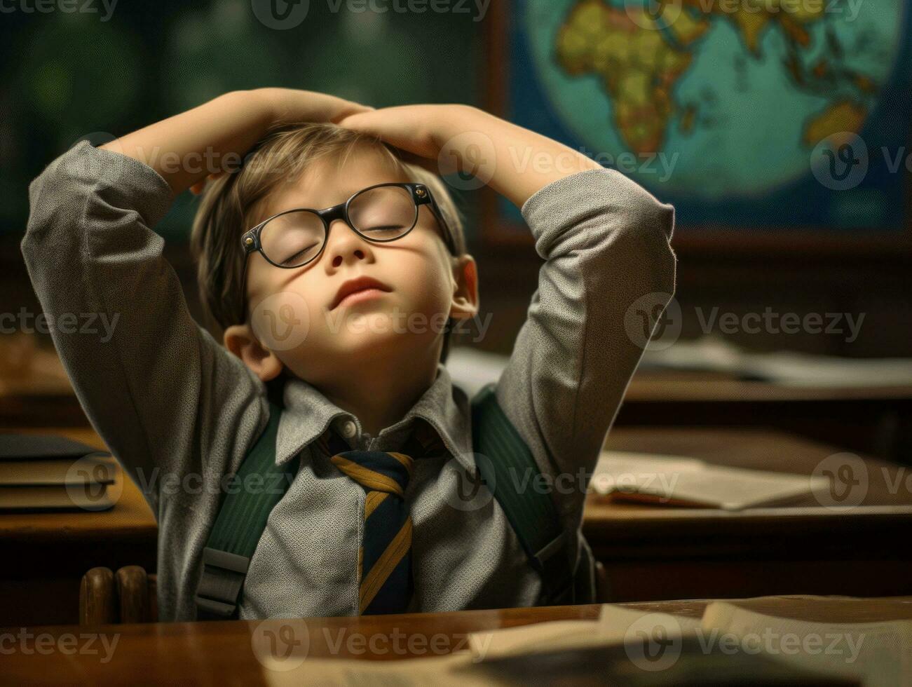 photo of emotional dynamic pose European kid in school AI Generative
