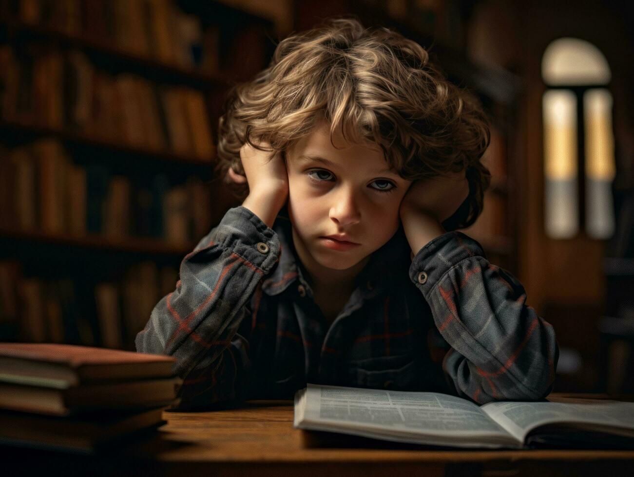 photo of emotional dynamic pose European kid in school AI Generative