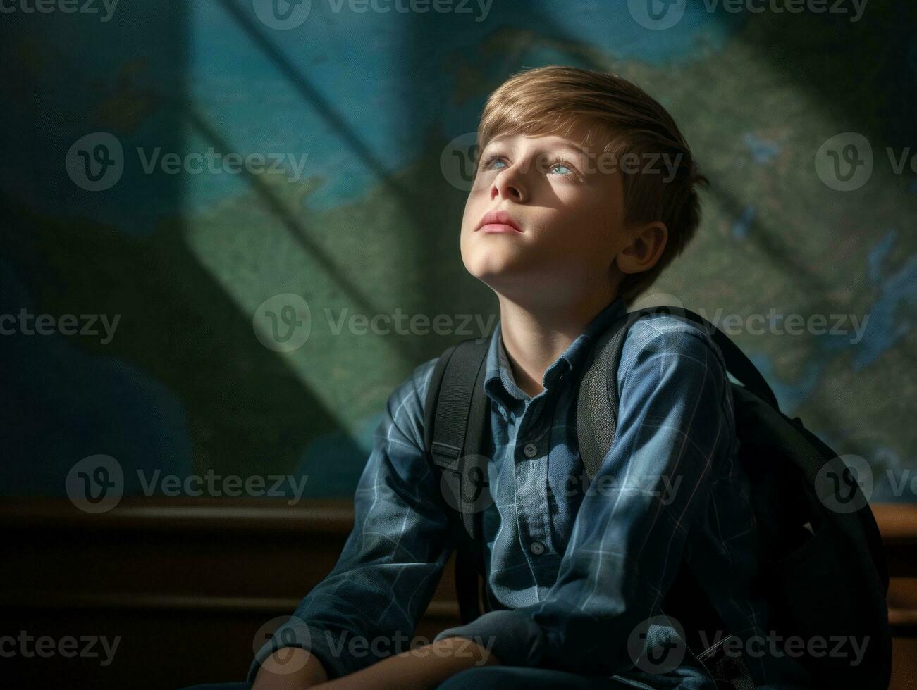 photo of emotional dynamic pose European kid in school AI Generative