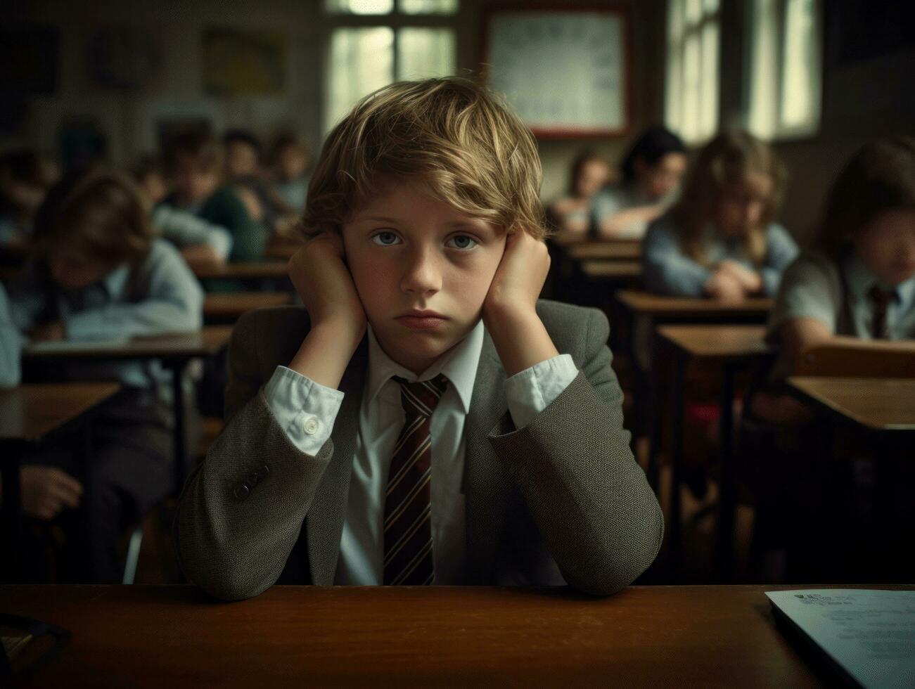 photo of emotional dynamic pose European kid in school AI Generative