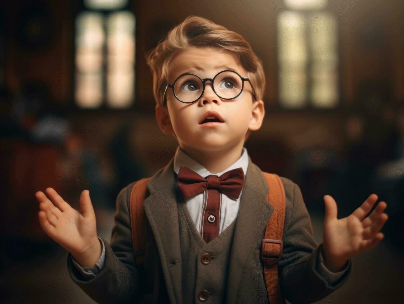 photo of emotional dynamic pose European kid in school AI Generative