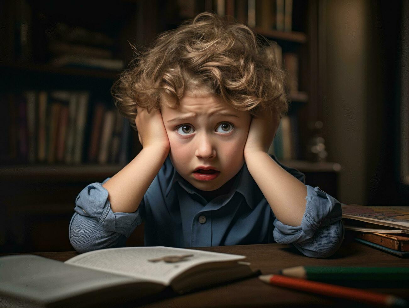 photo of emotional dynamic pose European kid in school AI Generative