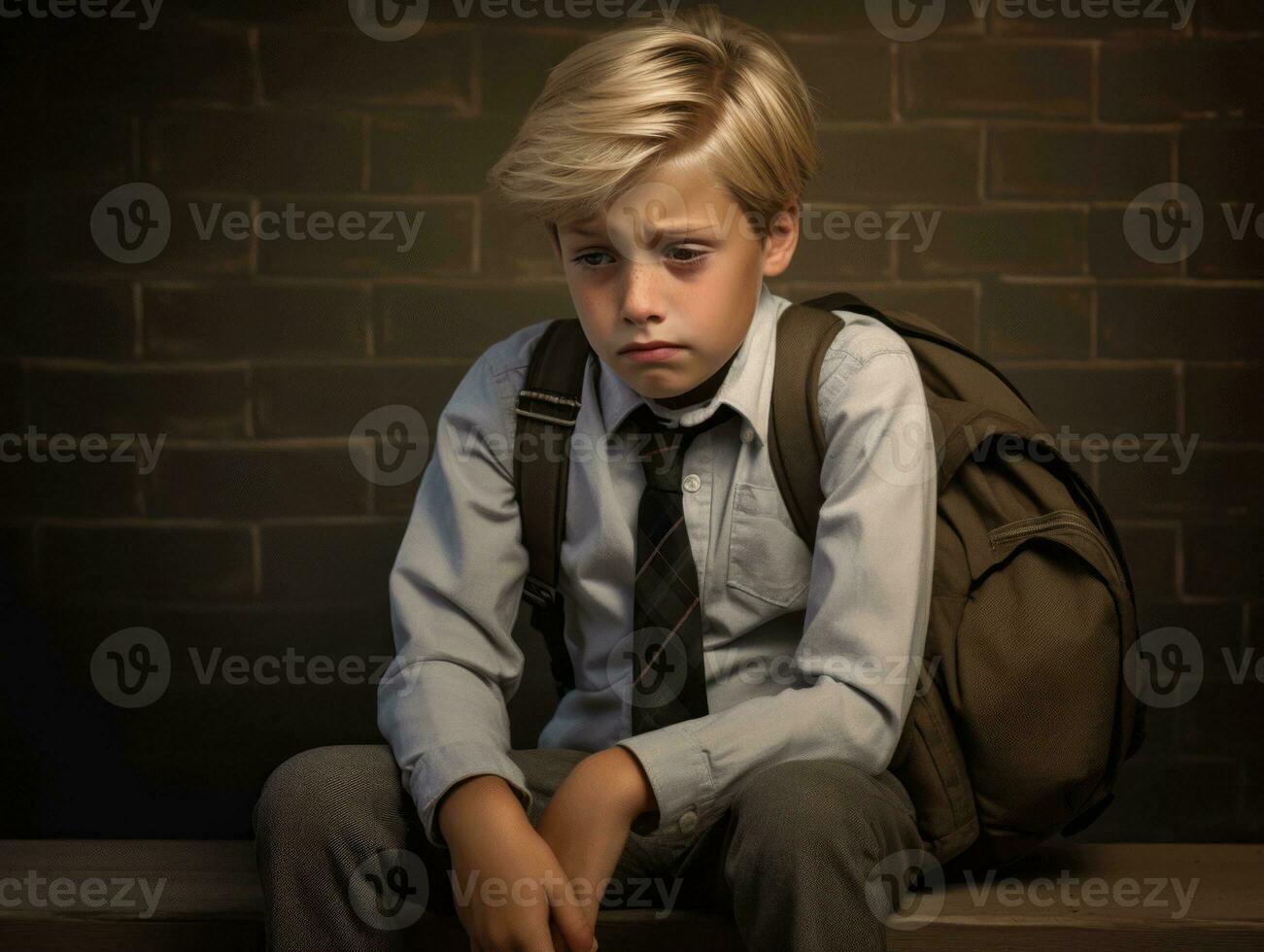 photo of emotional dynamic pose European kid in school AI Generative