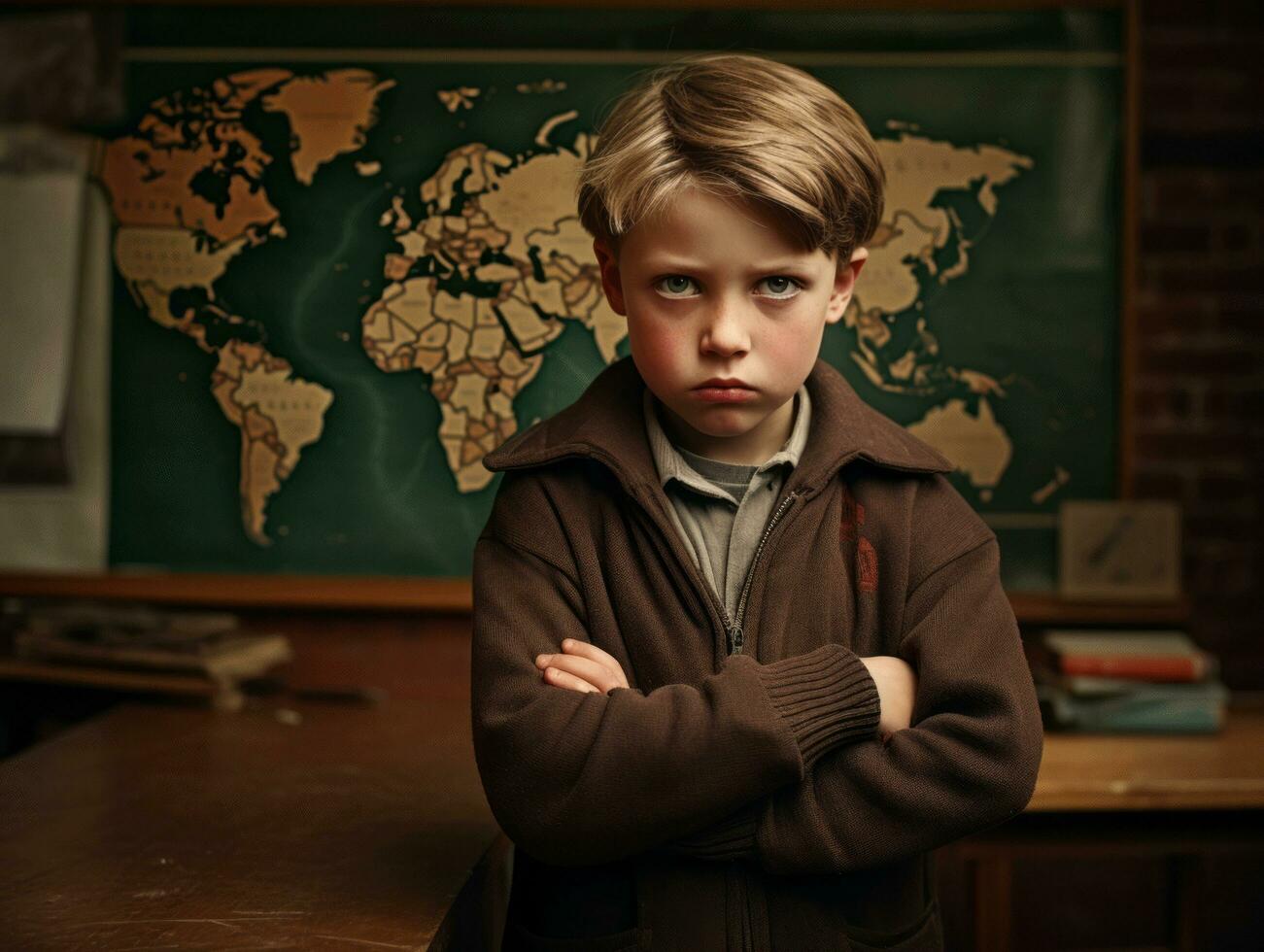 photo of emotional dynamic pose European kid in school AI Generative