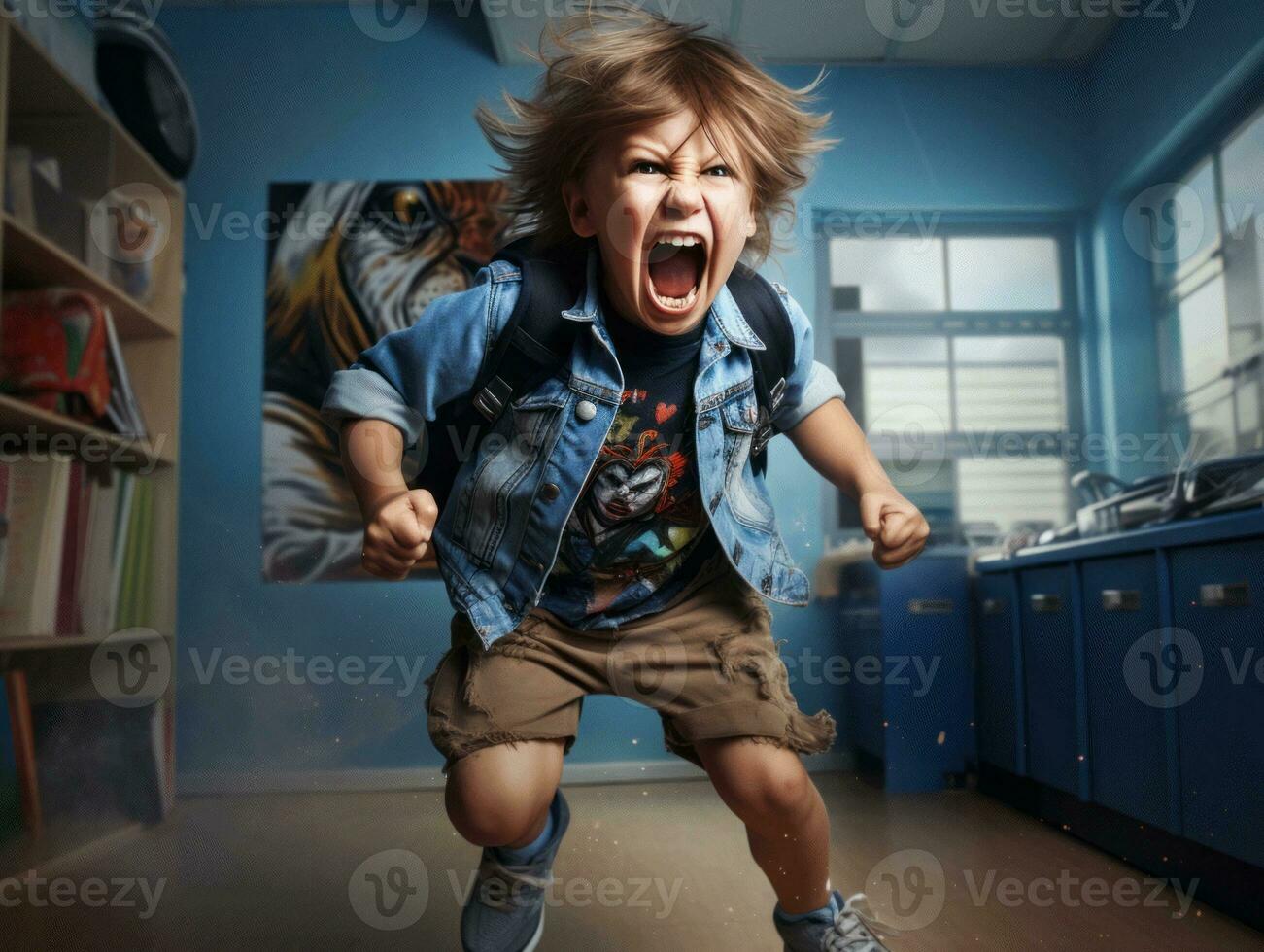 photo of emotional dynamic pose European kid in school AI Generative