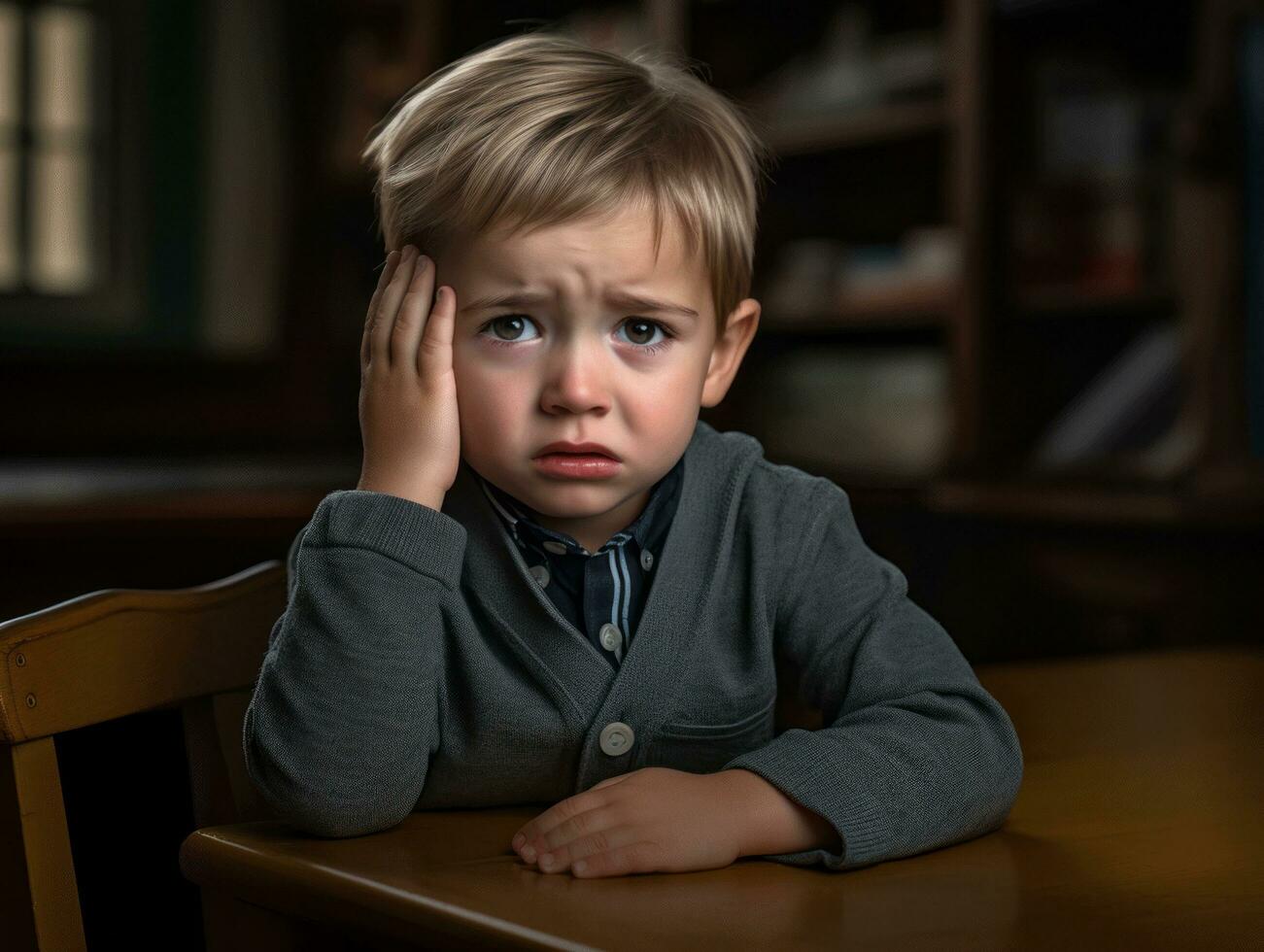 photo of emotional dynamic pose European kid in school AI Generative