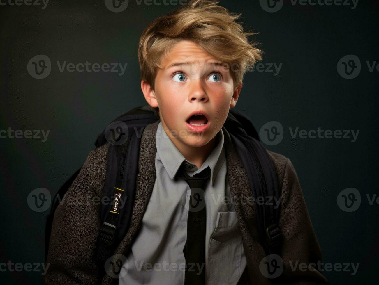 photo of emotional dynamic pose European kid in school AI Generative