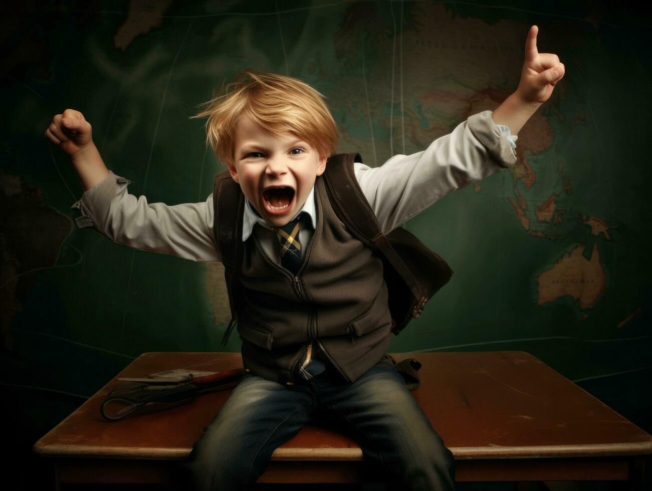photo of emotional dynamic pose European kid in school AI Generative