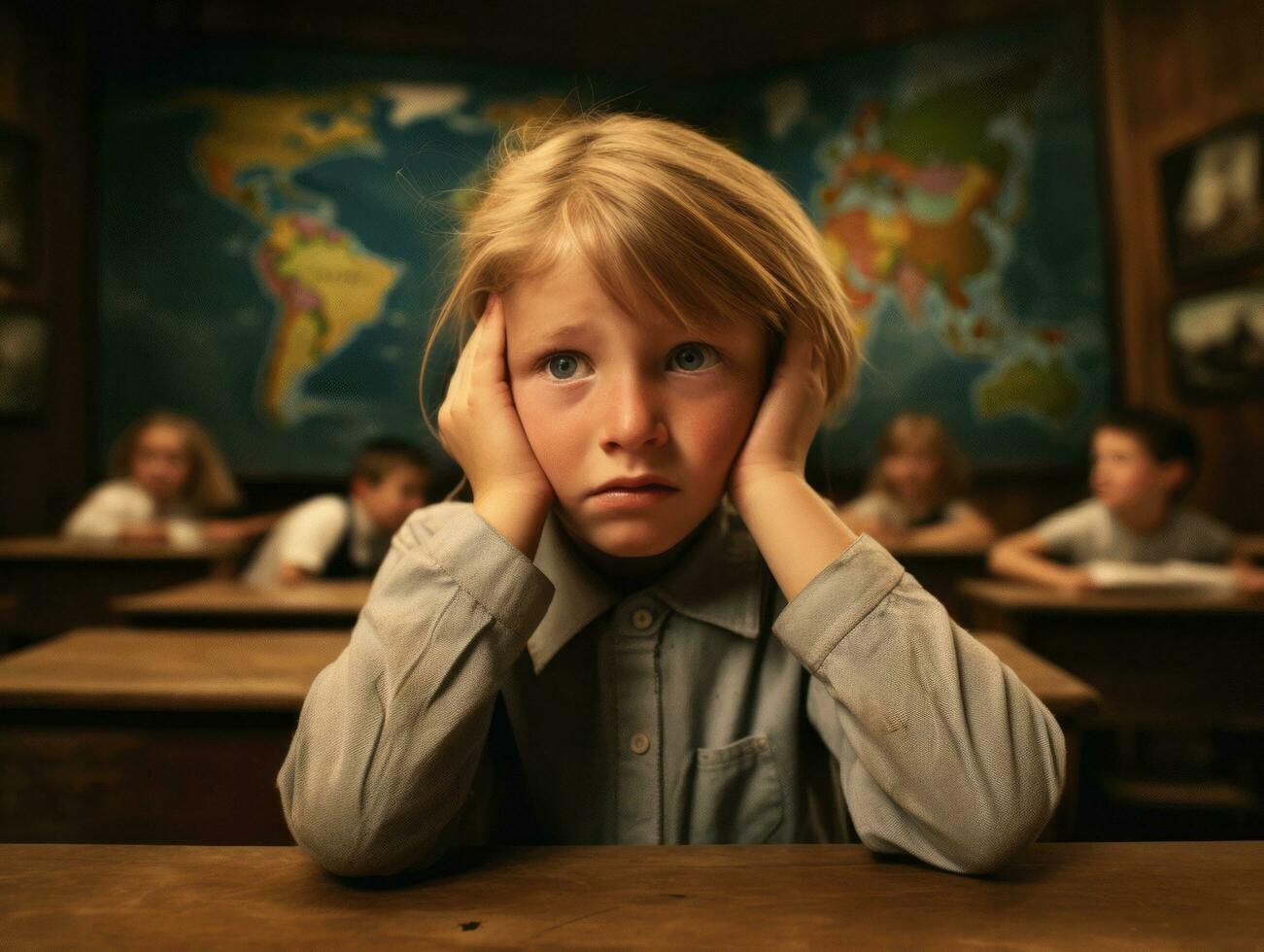 photo of emotional dynamic pose European kid in school AI Generative