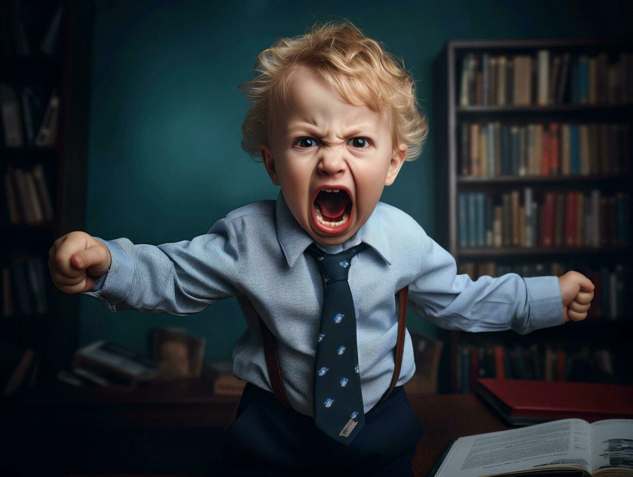 photo of emotional dynamic pose European kid in school AI Generative