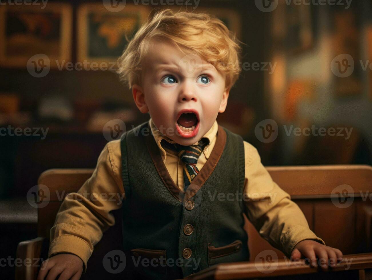 photo of emotional dynamic pose European kid in school AI Generative
