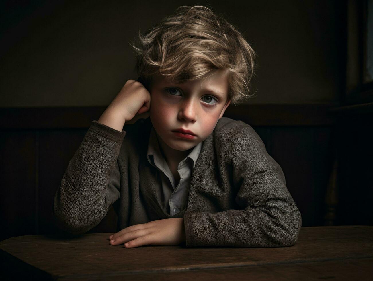 foto de emocional dinámica actitud europeo niño en colegio ai generativo