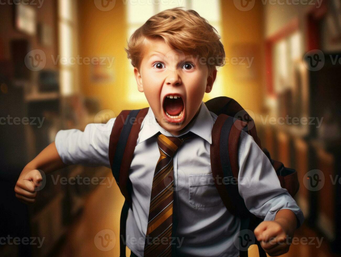 photo of emotional dynamic pose European kid in school AI Generative