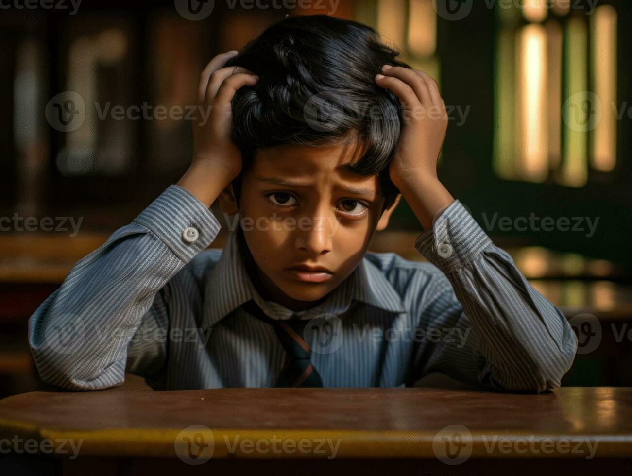 photo of emotional dynamic pose Indian kid in school AI Generative