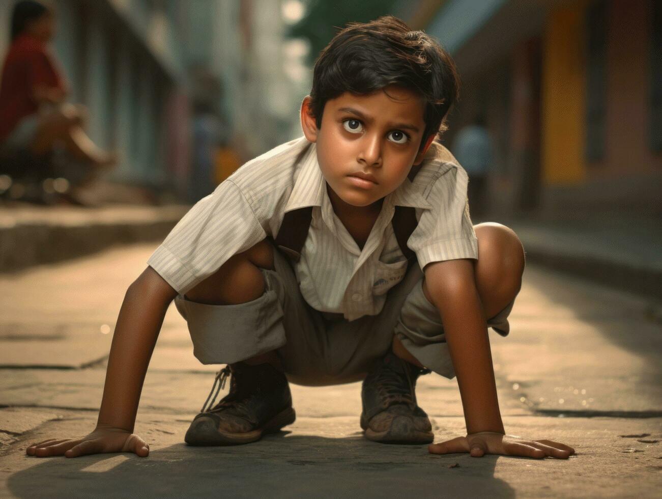 photo of emotional dynamic pose Indian kid in school AI Generative