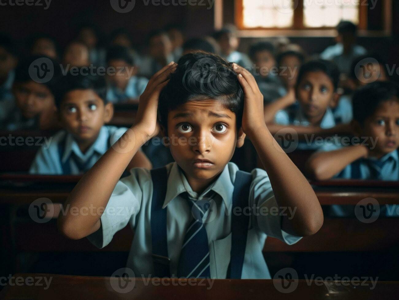 photo of emotional dynamic pose Indian kid in school AI Generative