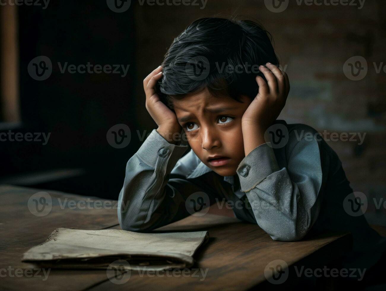 photo of emotional dynamic pose Indian kid in school AI Generative