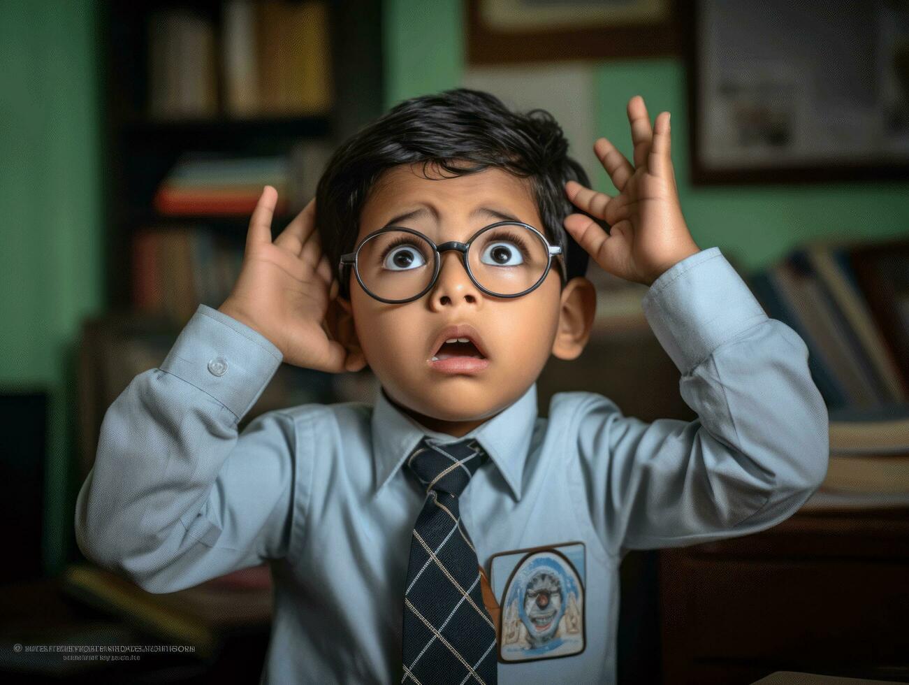 photo of emotional dynamic pose Indian kid in school AI Generative