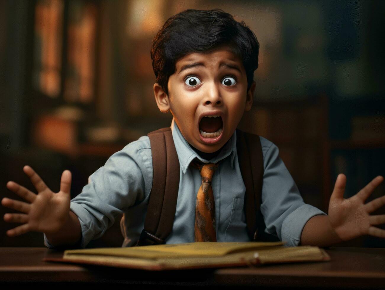 photo of emotional dynamic pose Indian kid in school AI Generative