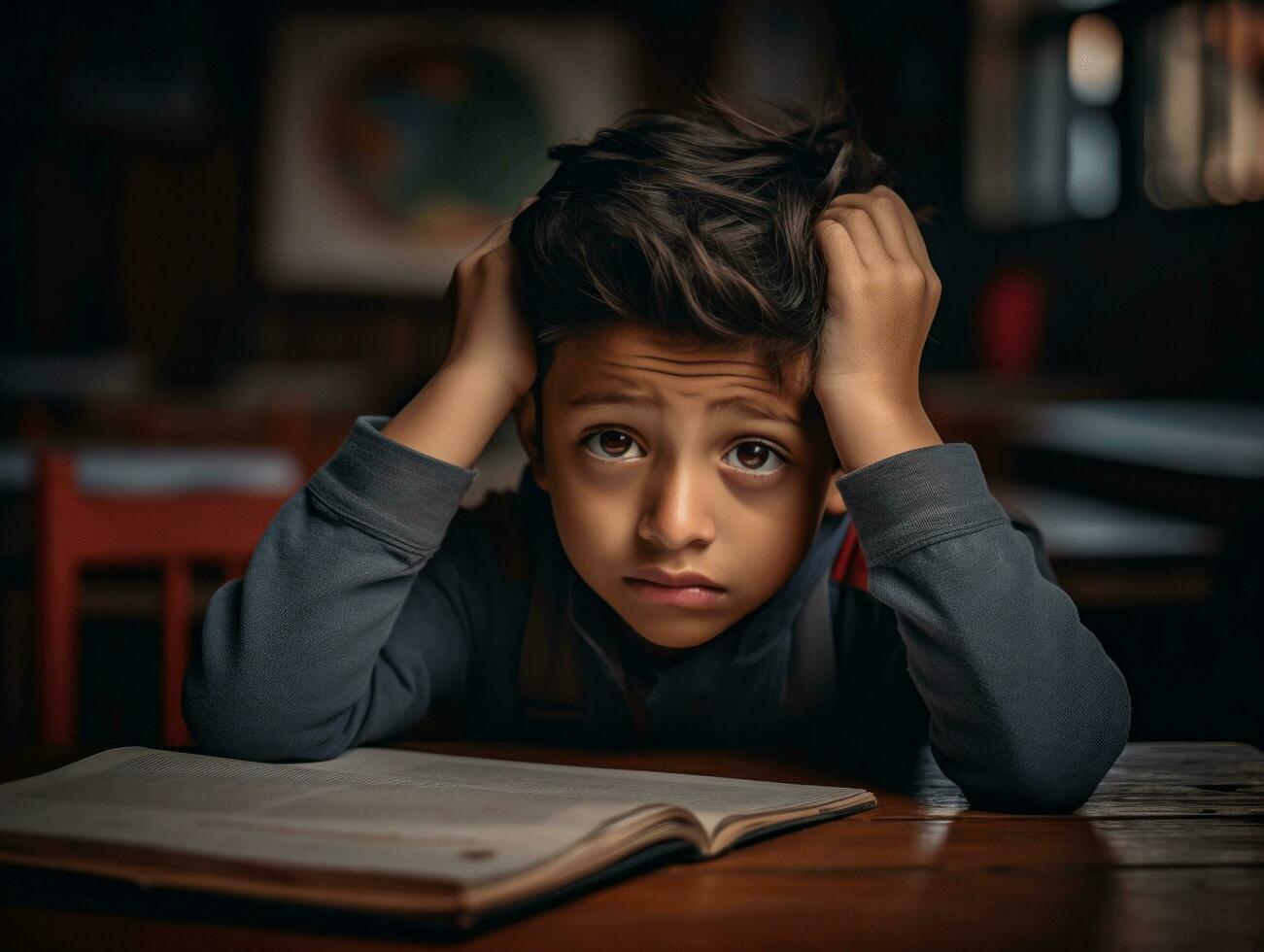 photo of emotional dynamic pose Indian kid in school AI Generative