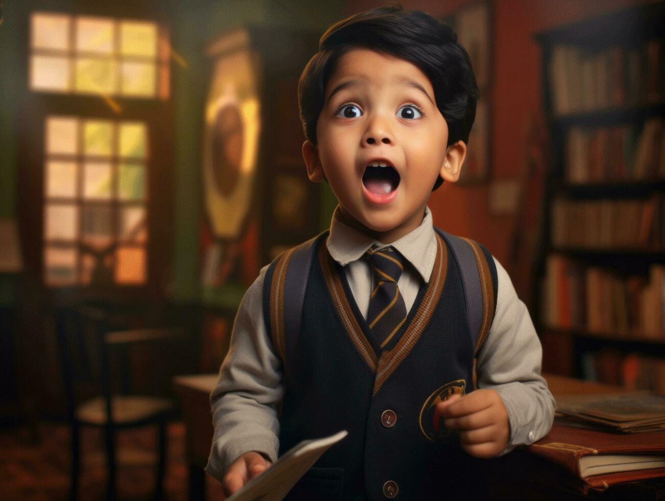 photo of emotional dynamic pose Indian kid in school AI Generative