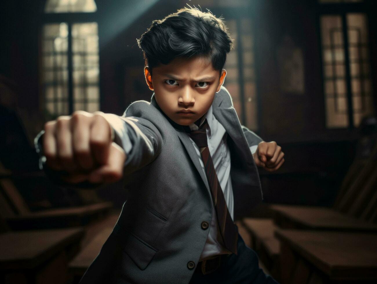photo of emotional dynamic pose Indian kid in school AI Generative