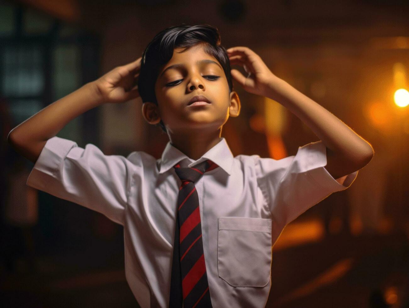 foto de emocional dinámica actitud indio niño en colegio ai generativo