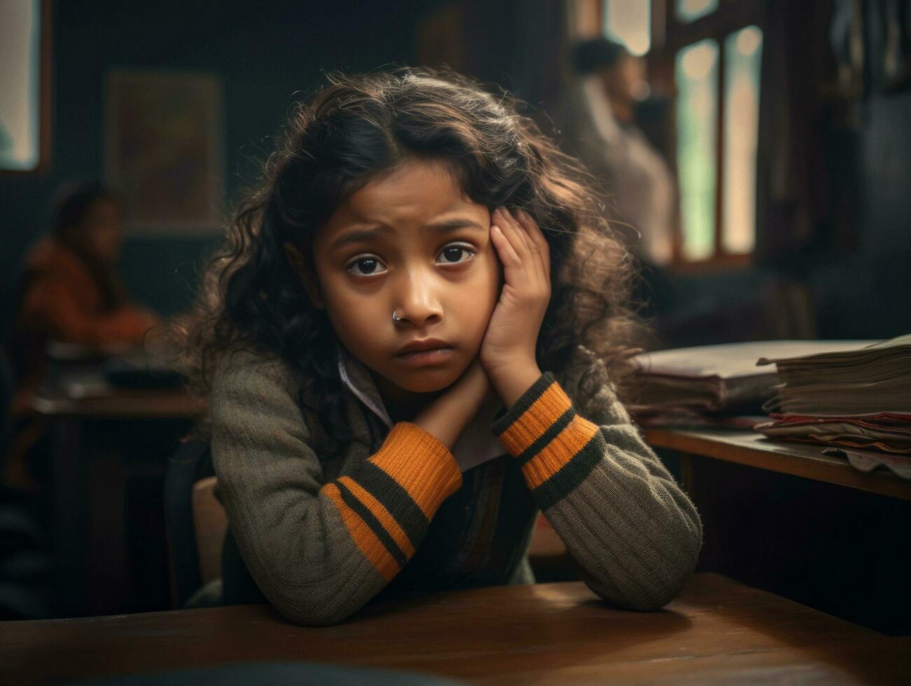 photo of emotional dynamic pose Indian kid in school AI Generative