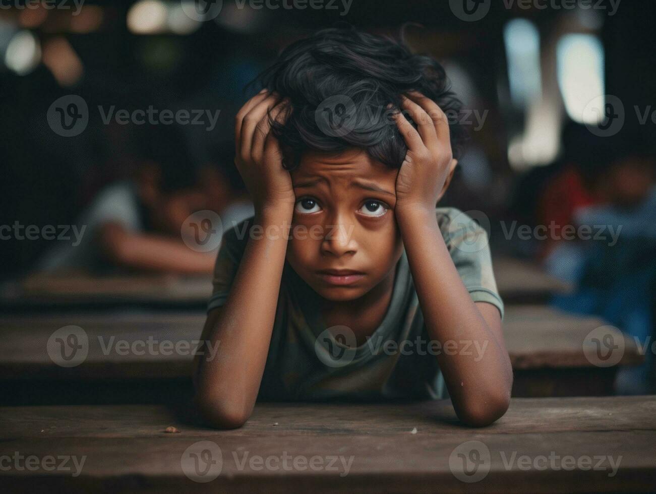 photo of emotional dynamic pose Indian kid in school AI Generative