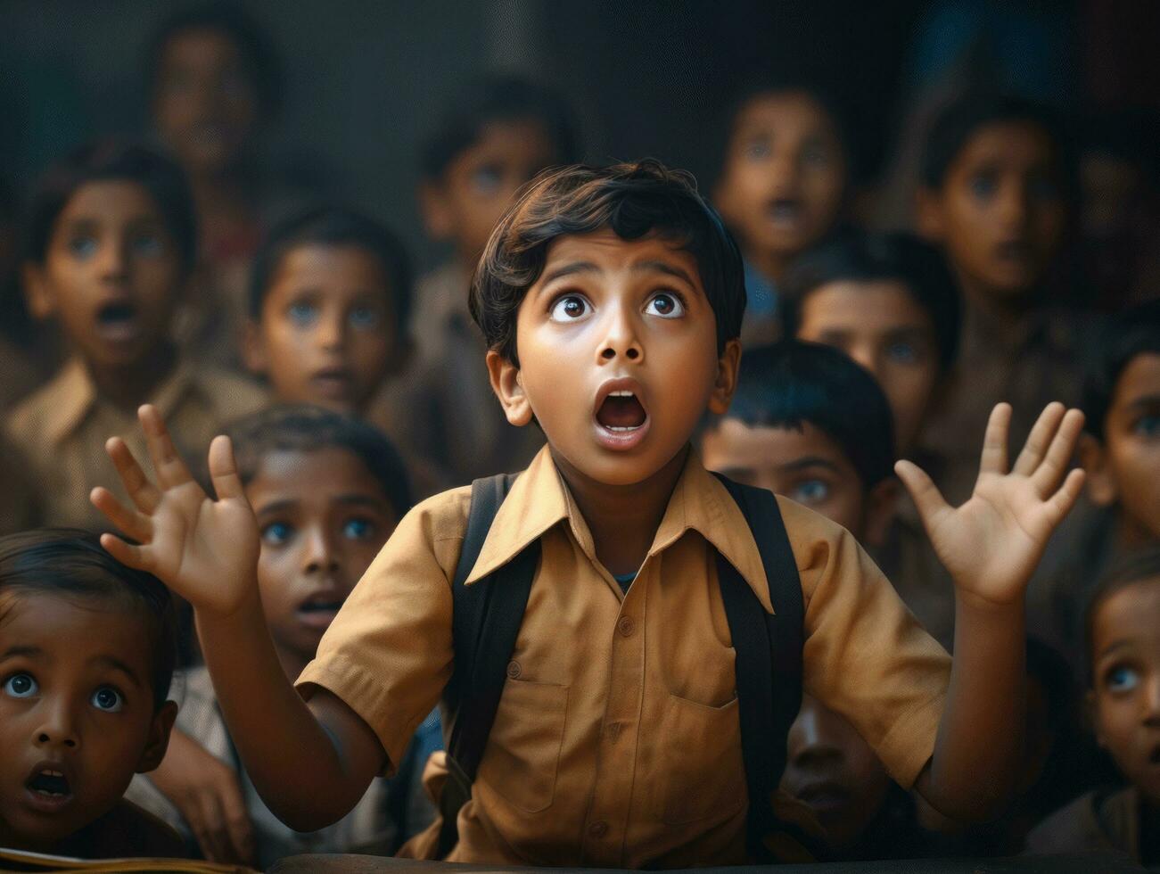 photo of emotional dynamic pose Indian kid in school AI Generative