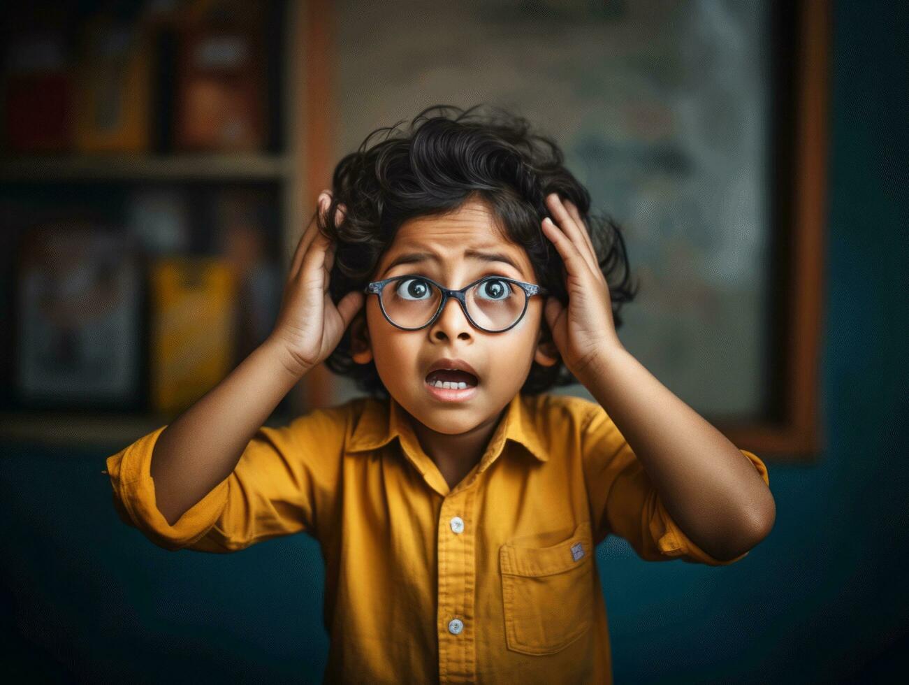 photo of emotional dynamic pose Indian kid in school AI Generative