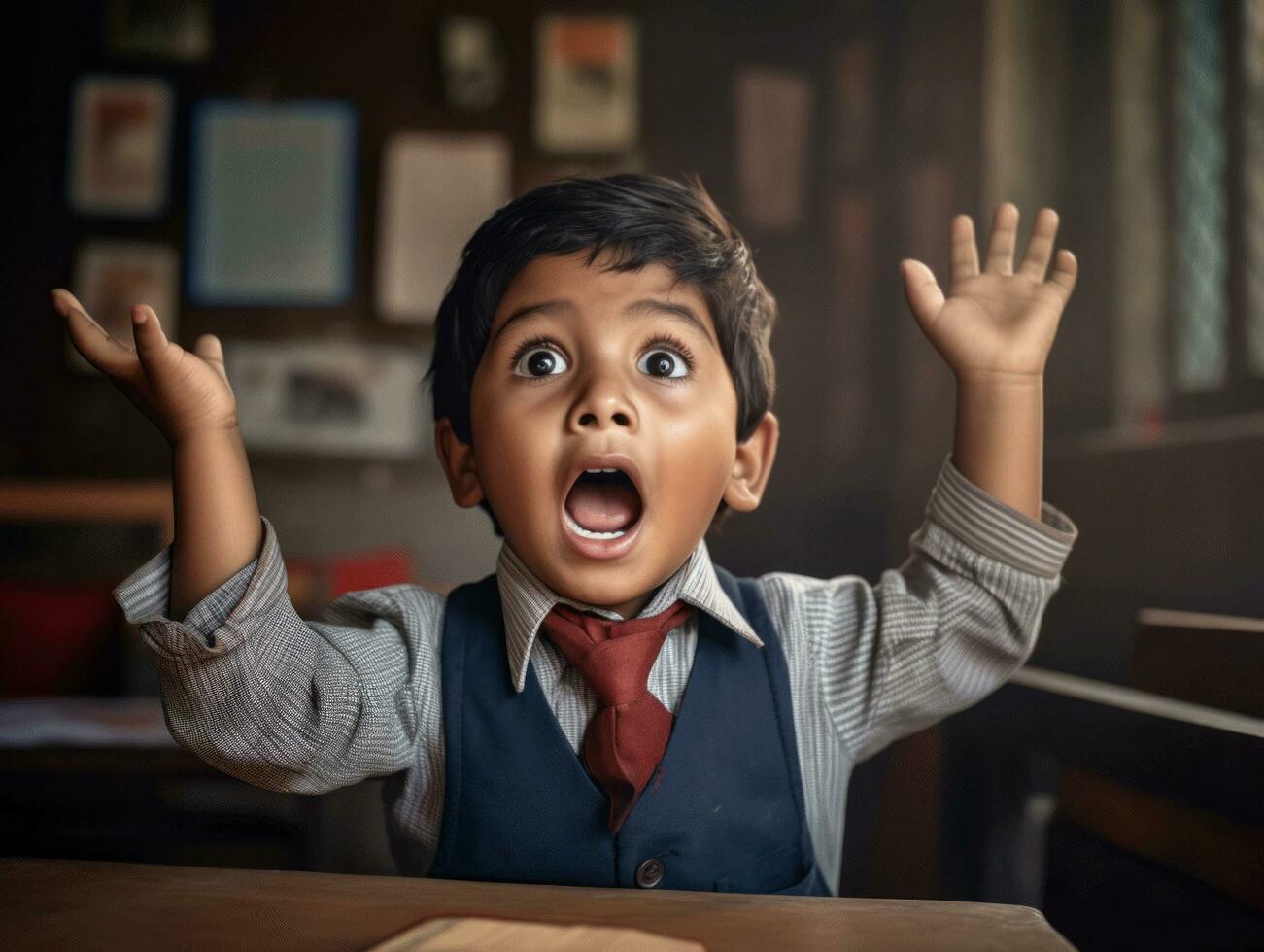 photo of emotional dynamic pose Indian kid in school AI Generative