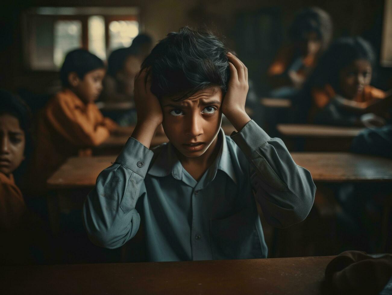 photo of emotional dynamic pose Indian kid in school AI Generative