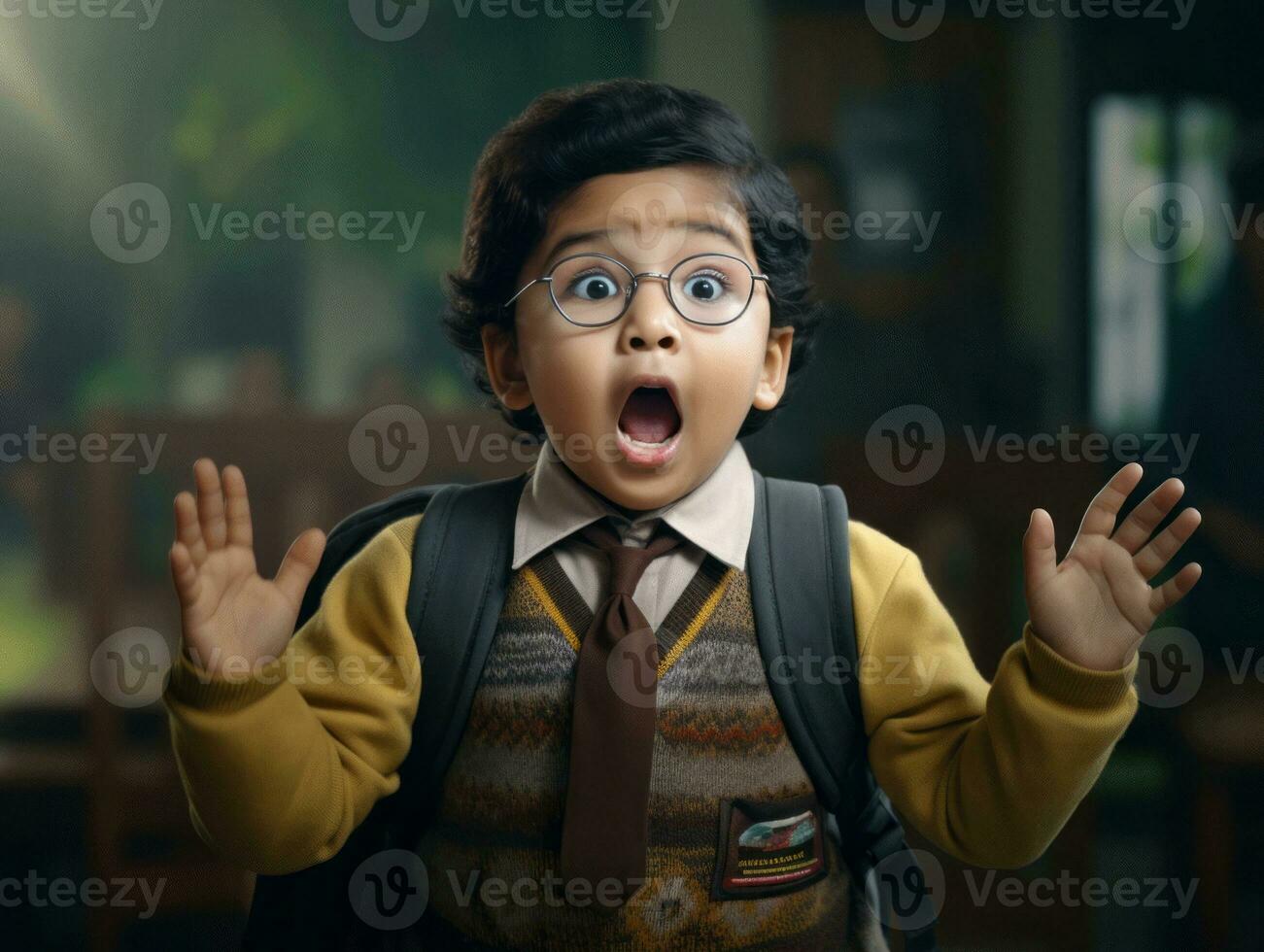 photo of emotional dynamic pose Indian kid in school AI Generative