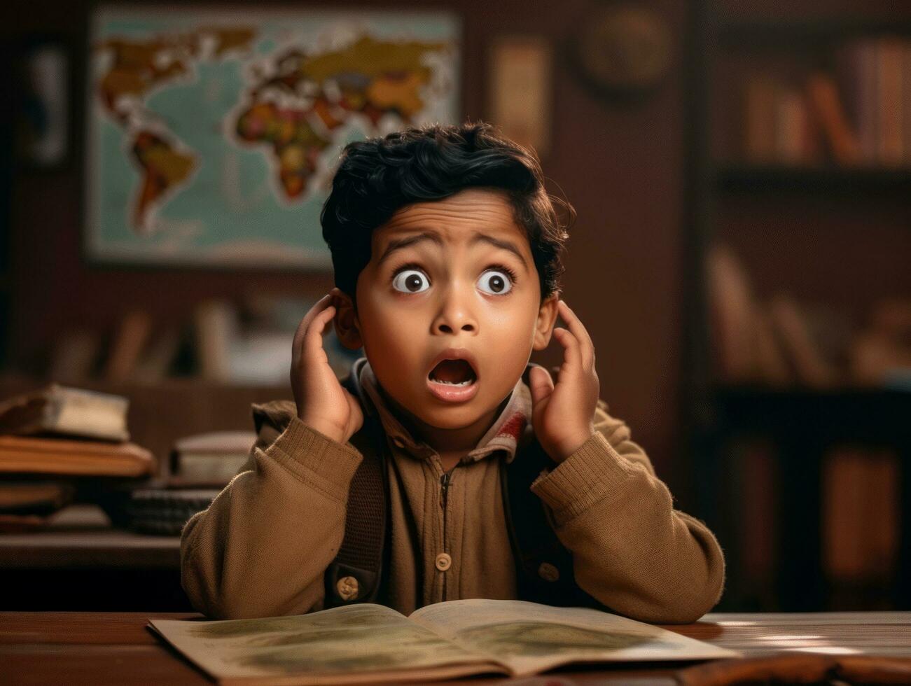 photo of emotional dynamic pose Indian kid in school AI Generative